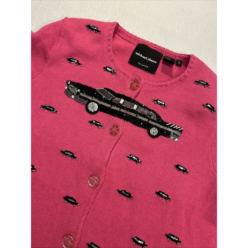 Vintage Michael Simon Pink Cadillac Sweater Beaded Kitsch Grandmillennial Rare